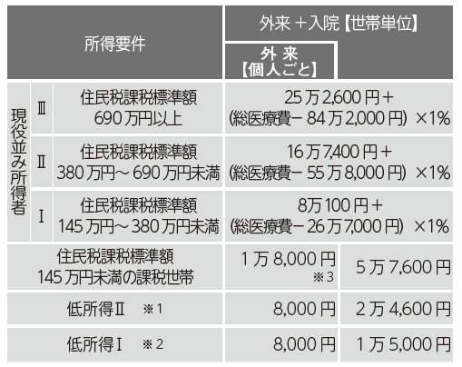 自己負担限度額(70歳以上の国保加入者)の表